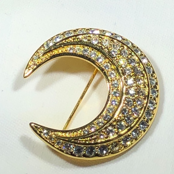 VINTAGE JOAN RIVERS GOLD & CLEAR CRYSTAL CRESCENT MOON BROOCH - Picture 14 of 16